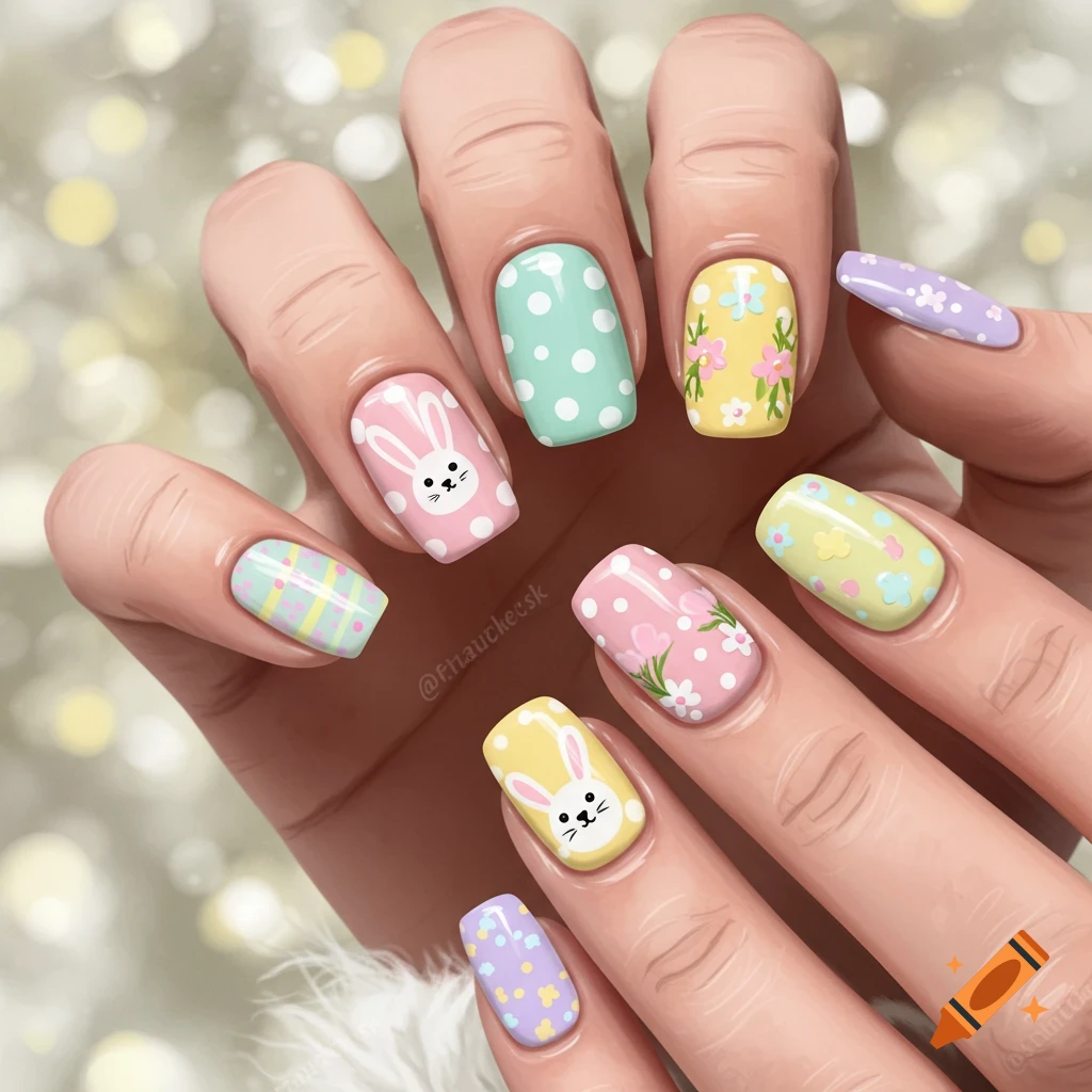 Hands with pastel Easter nail designs featuring bunnies, polka dots, flowers, and stripes.