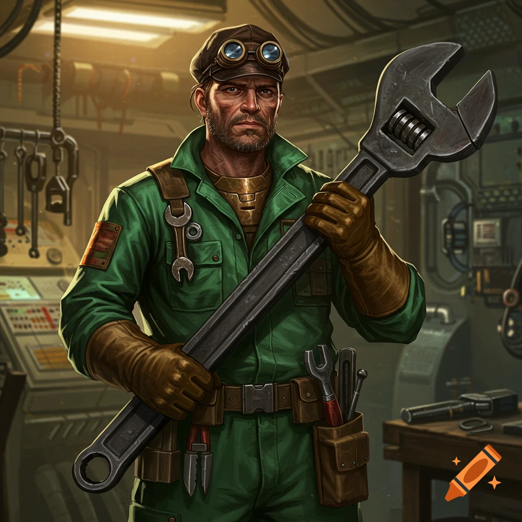 Steampunk space mechanic with cap and goggles holds a large wrench in a workshop.