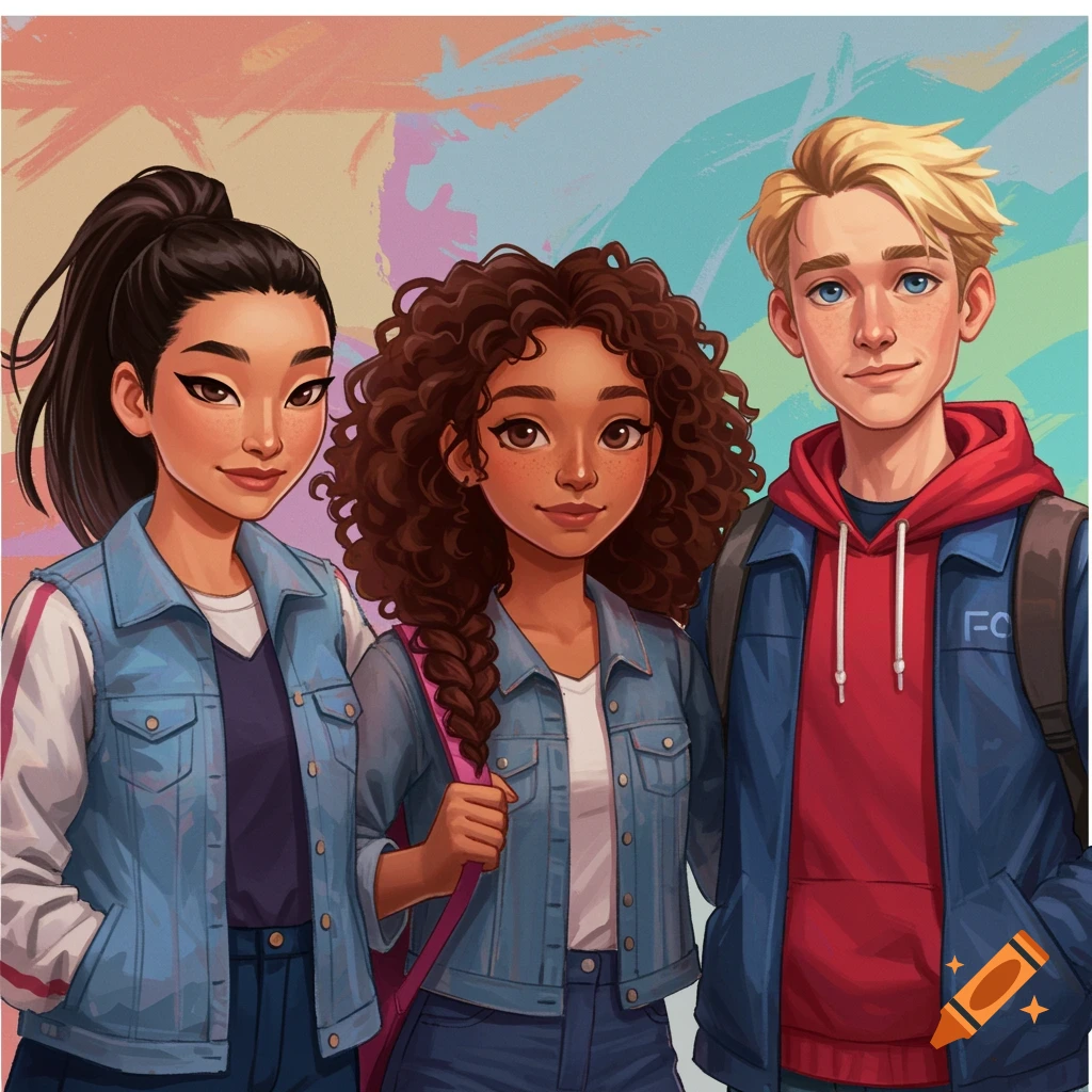 Image of three diverse students in casual clothes with a colorful abstract background.