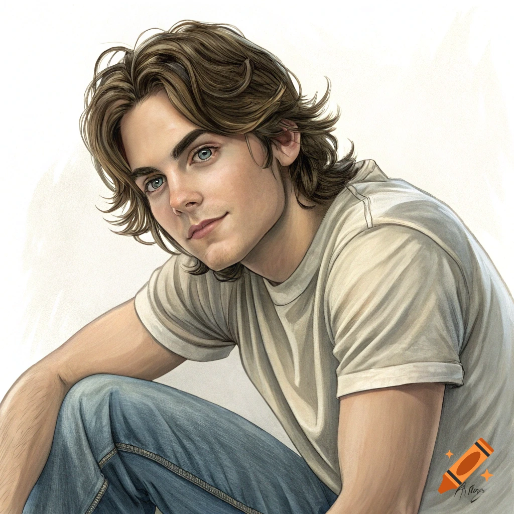 Illustrative portrait of a young man with blue eyes and medium-length brown hair wearing a white t-shirt and jeans.