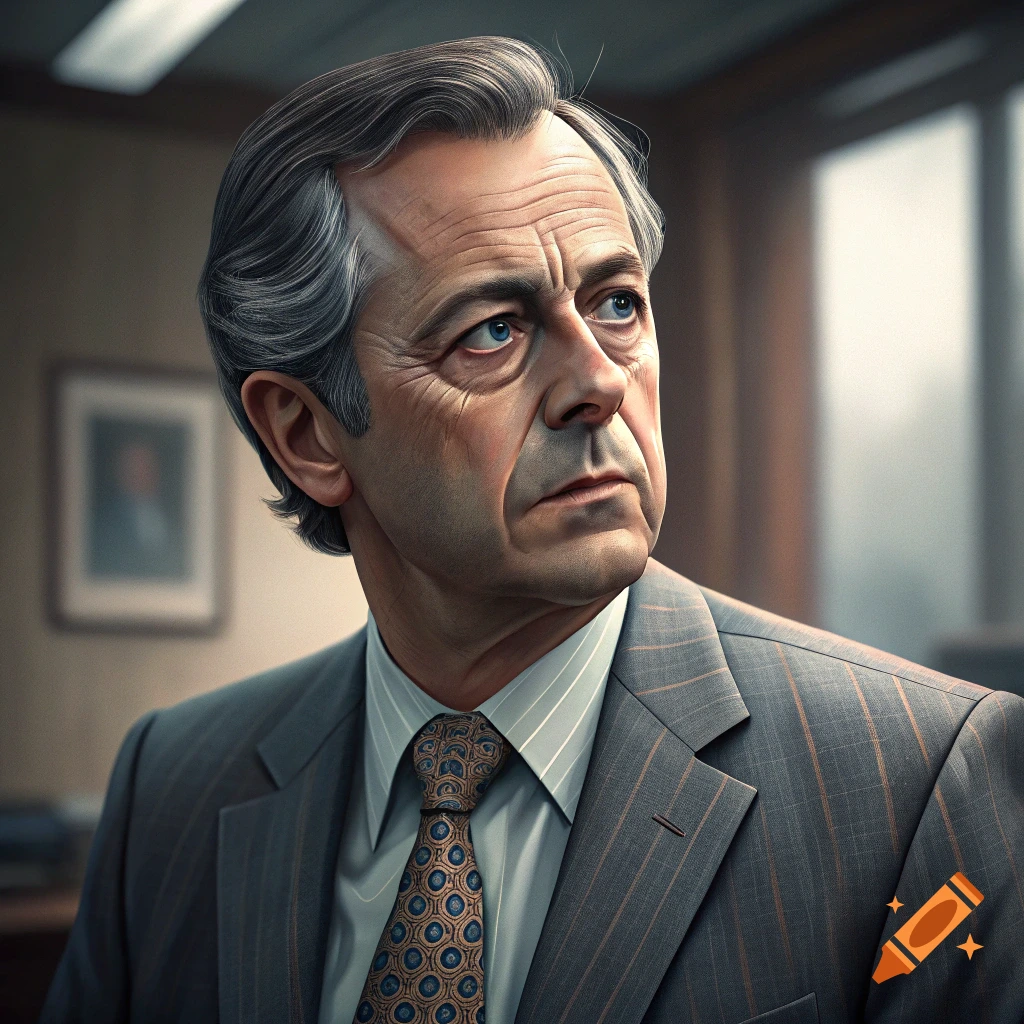 Close-up portrait of an older man in a pinstripe suit and patterned tie, looking away in an office.