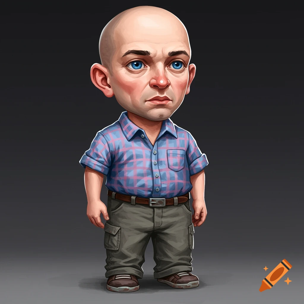 A short bald man with big blue eyes wearing a plaid shirt and cargo pants.