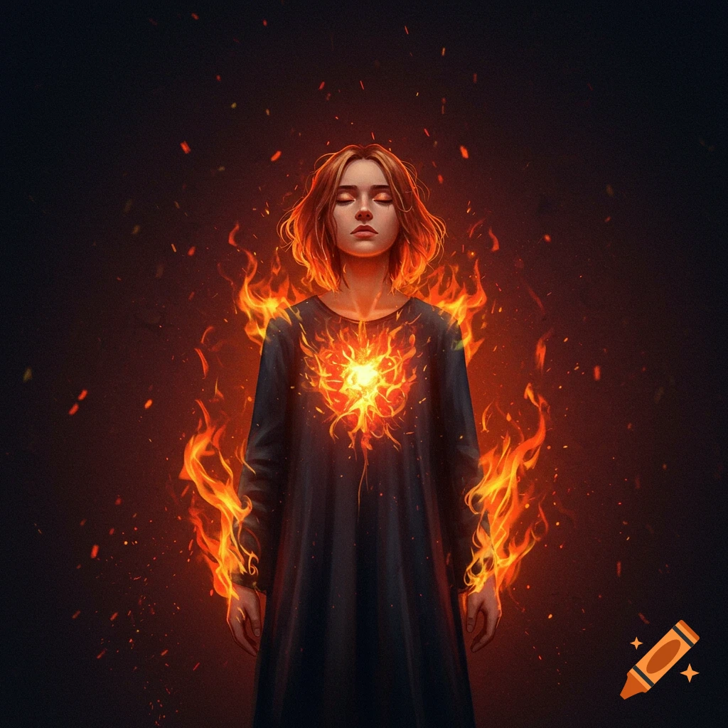 A woman stands peacefully with glowing flames around her and light emanating from her chest.