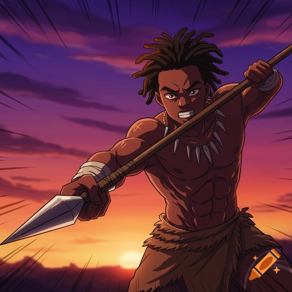 Anime-style illustration of a muscular man in tribal attire throwing a spear against a sunset background.