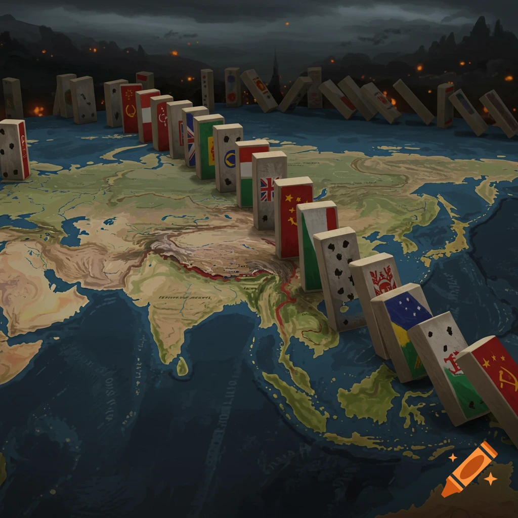 Dominoes with flags falling across a map of Asia, symbolizing countries falling.