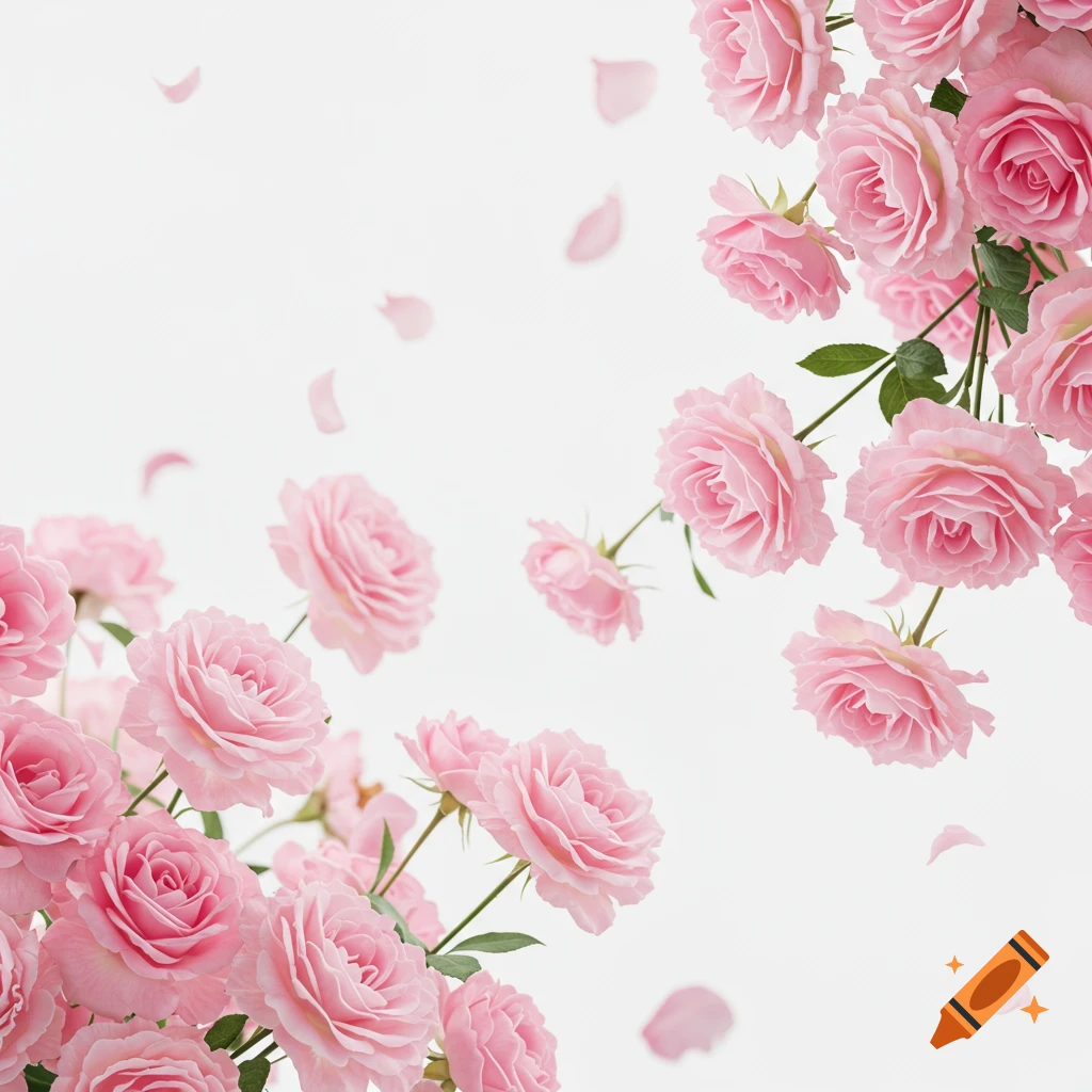 Pink roses and petals on a white background.