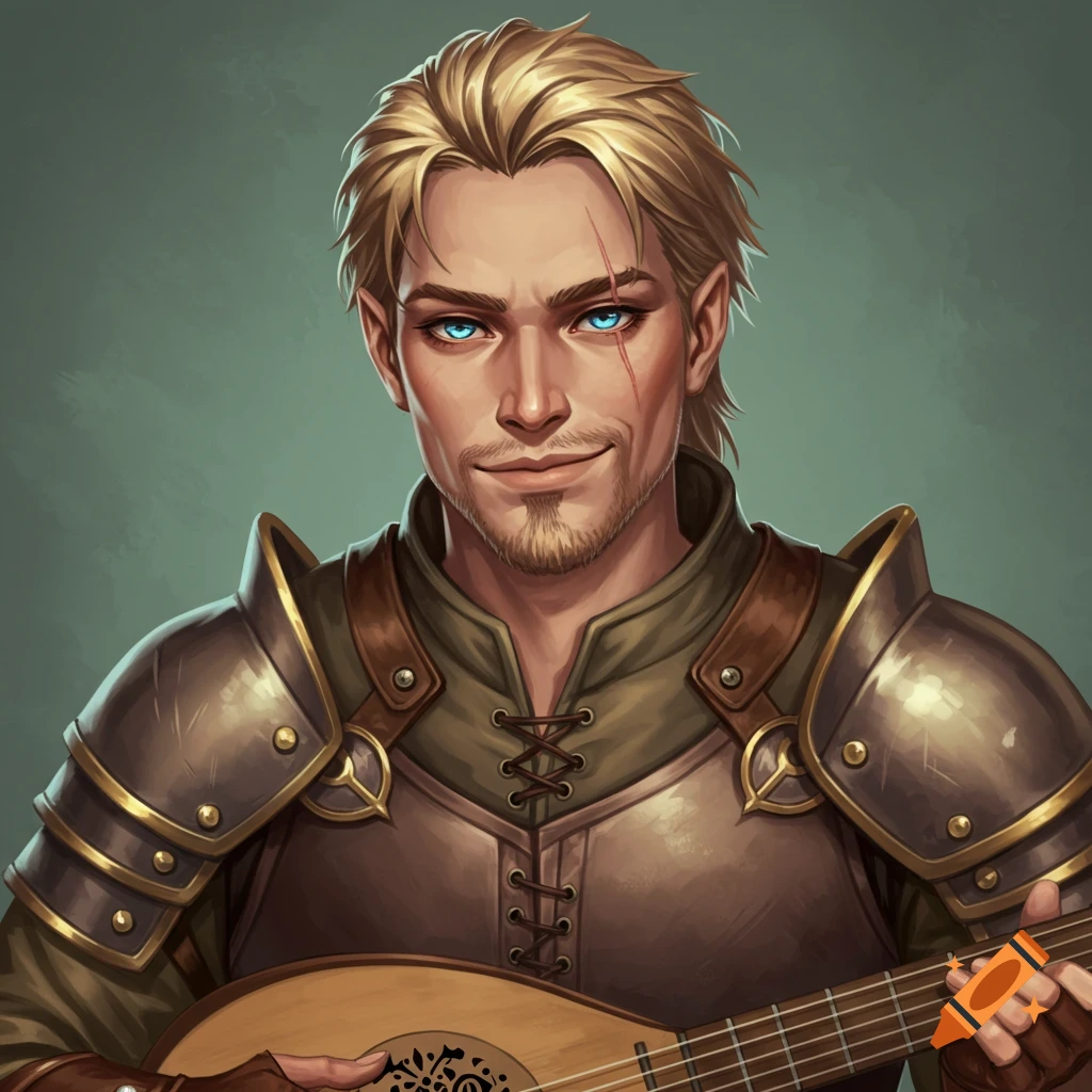 Fantasy male character in armor with a scar, holding a lute.