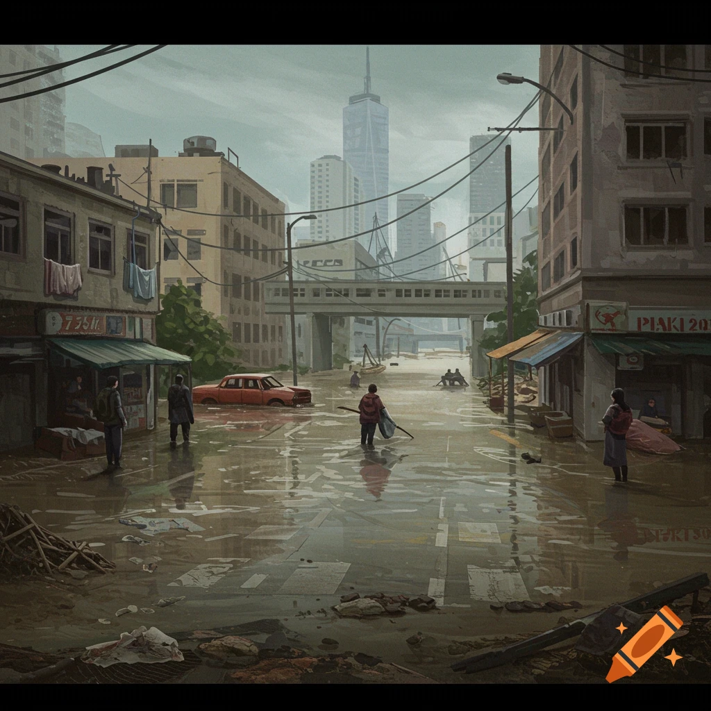 A flooded city street with people wading through water and a submerged car.