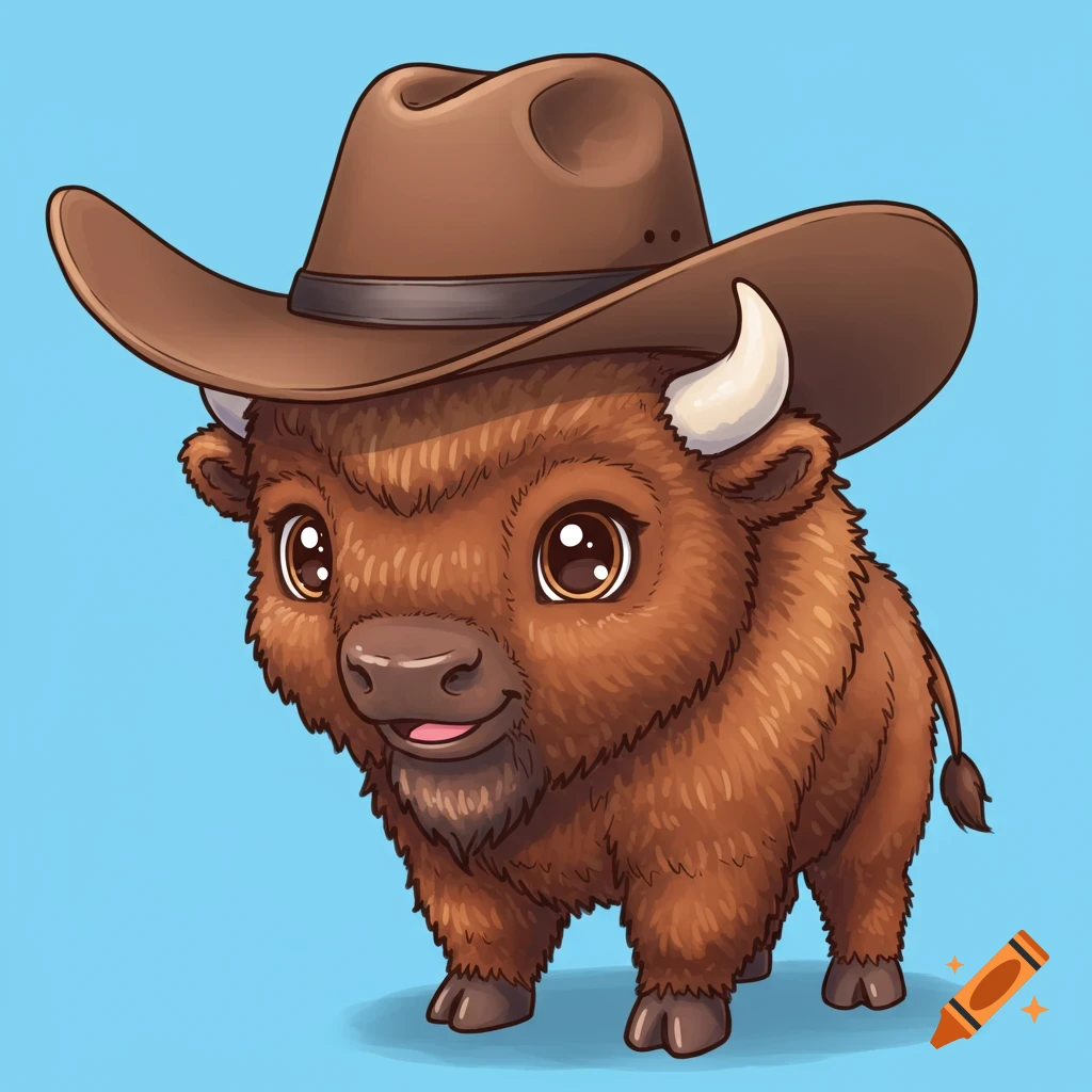 A cute cartoon bison wears a brown cowboy hat against a blue background.
