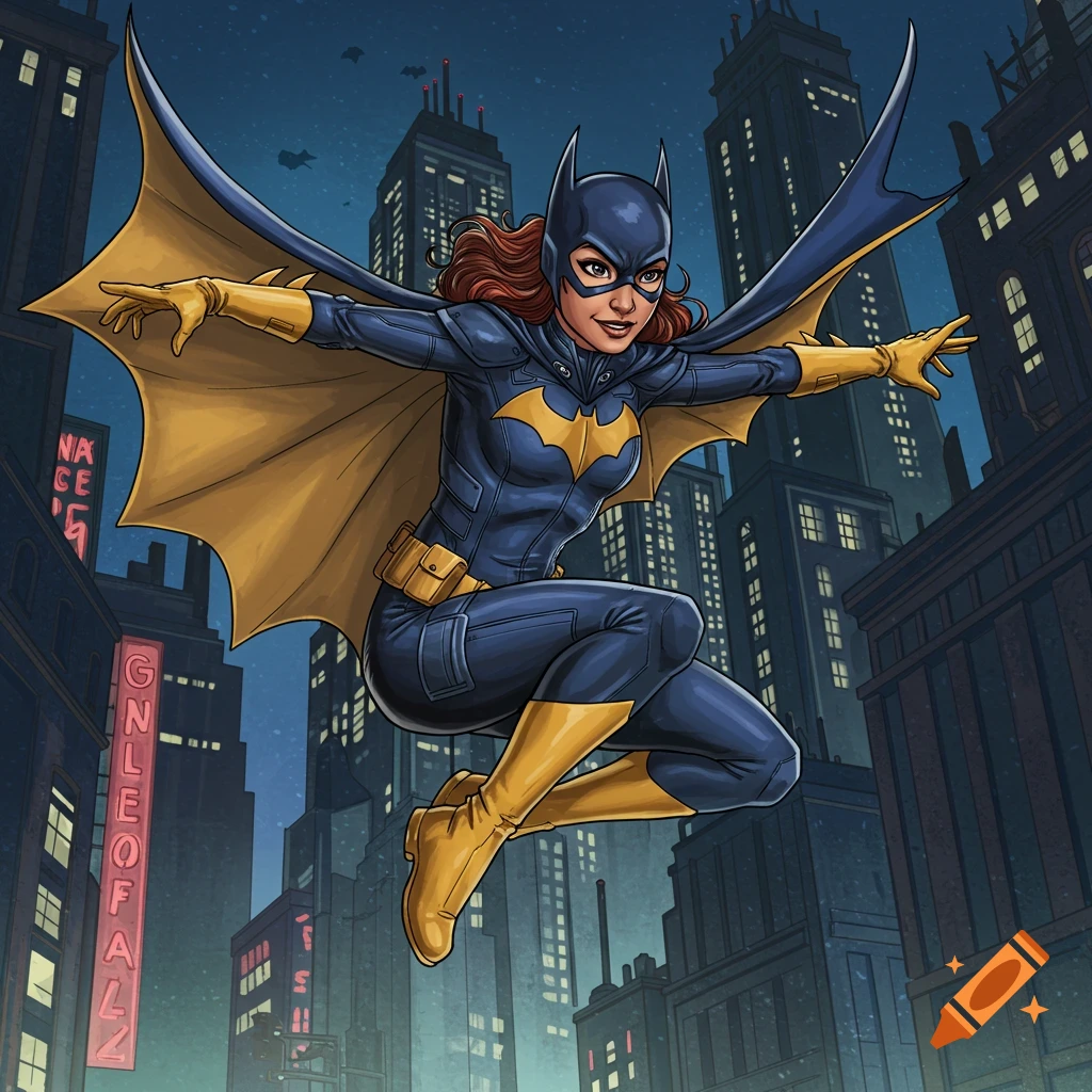 Batgirl jumps across a city skyline at night.