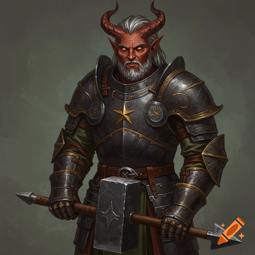 Tiefling paladin in dark ornate armor with horns, glowing eyes, holding a warhammer. Fantasy digital art.