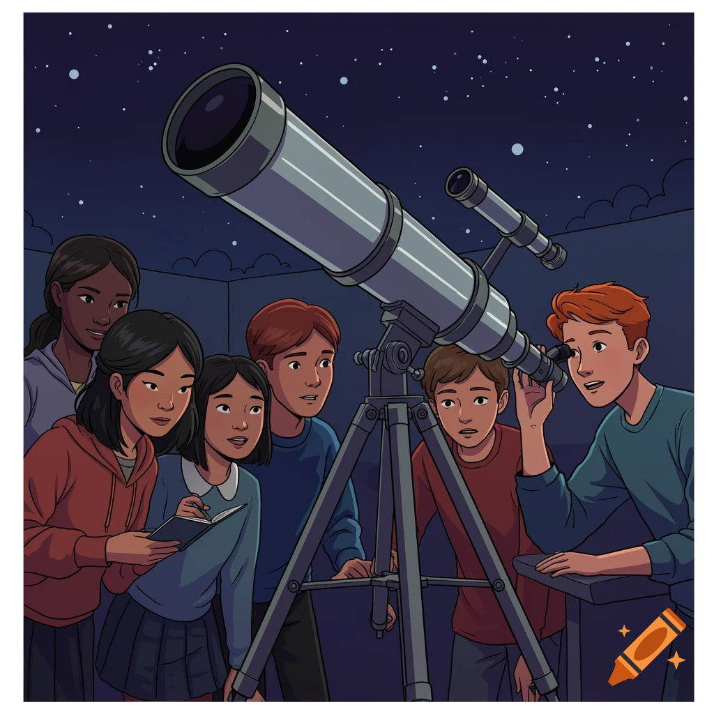 A group of diverse students looks at stars through a large telescope at night in a retro illustration style.