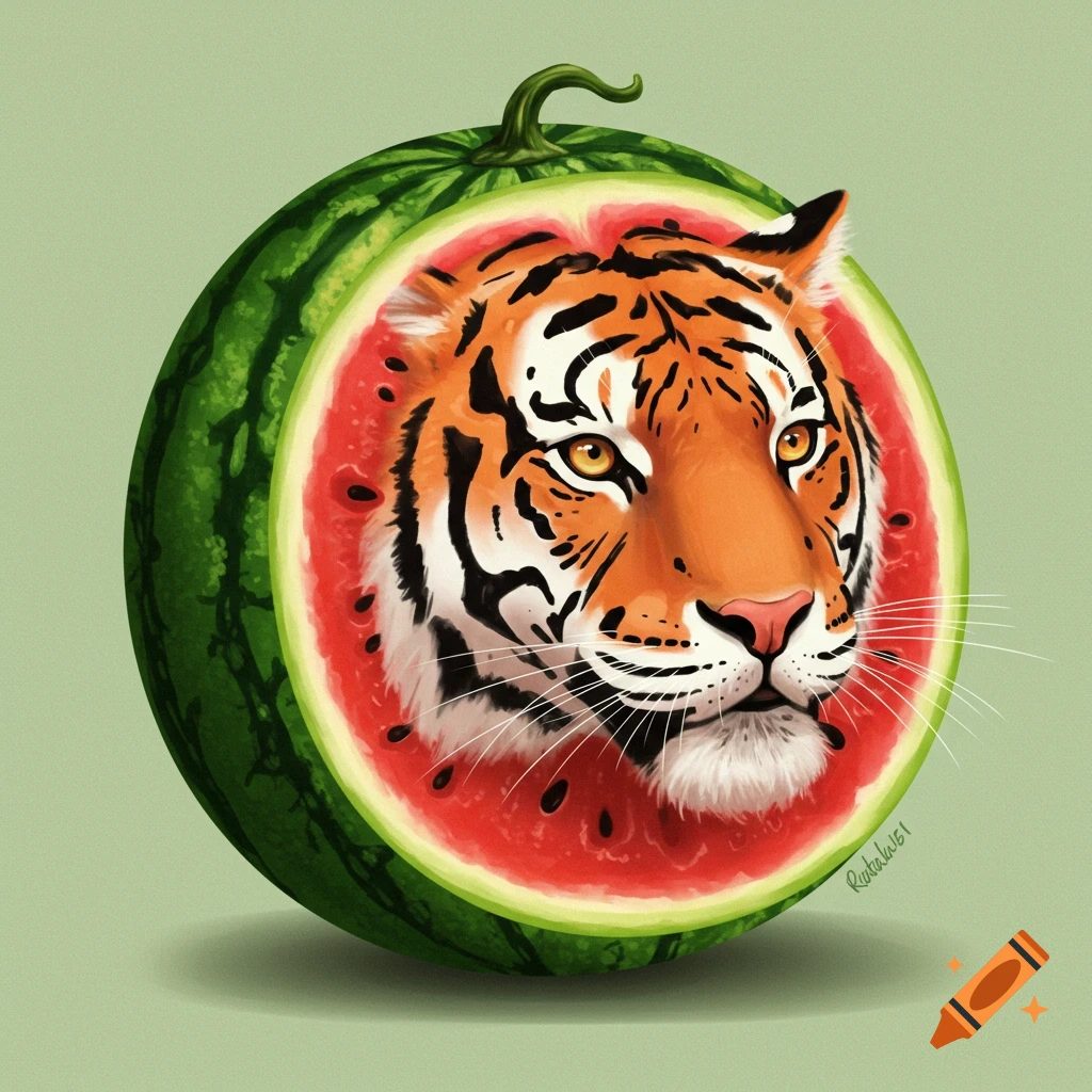 A tiger's head appears inside a sliced watermelon.