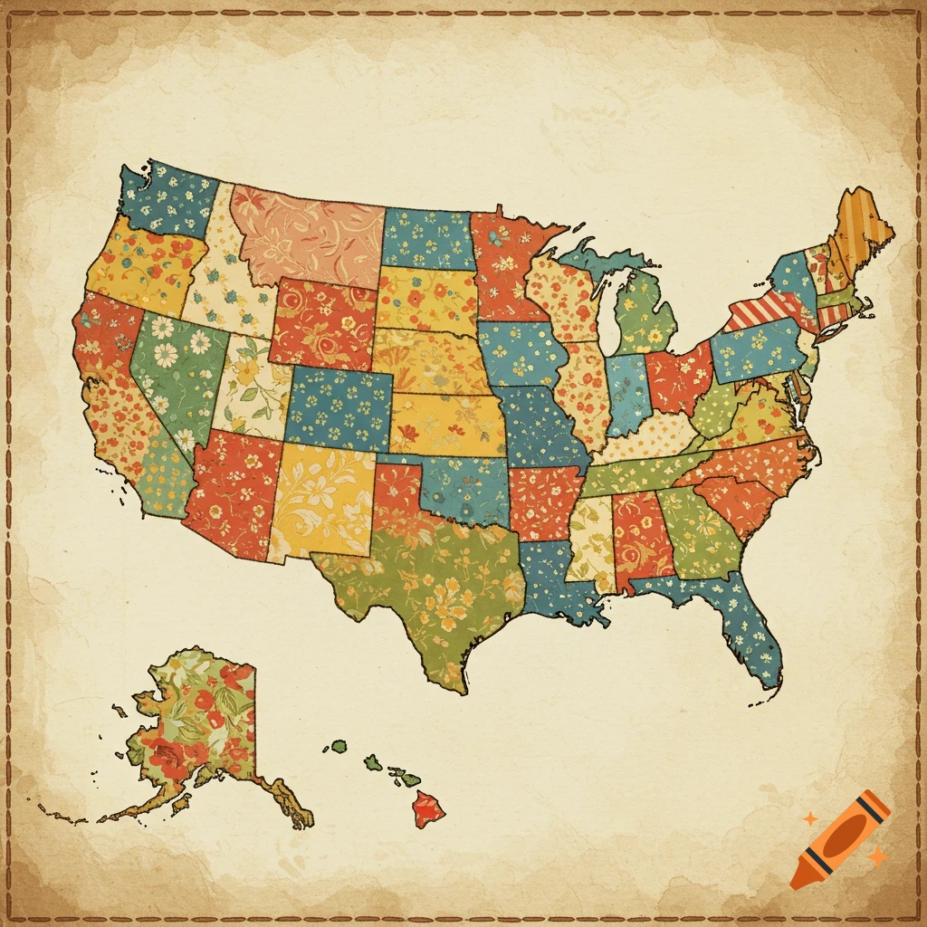 A map of the United States made from colorful quilt patches.