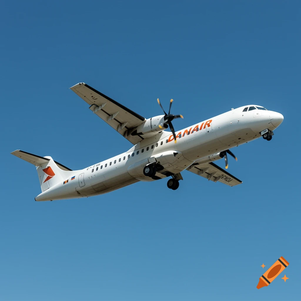 White Dan Air turboprop airplane flying against a clear blue sky. Photorealistic style.