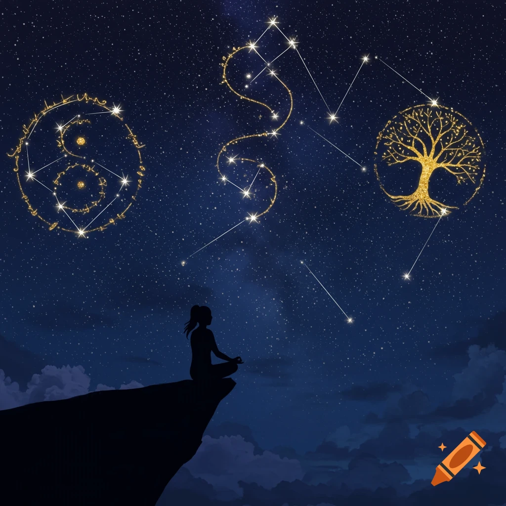 A silhouette meditating on a cliff under a starry sky with constellations.