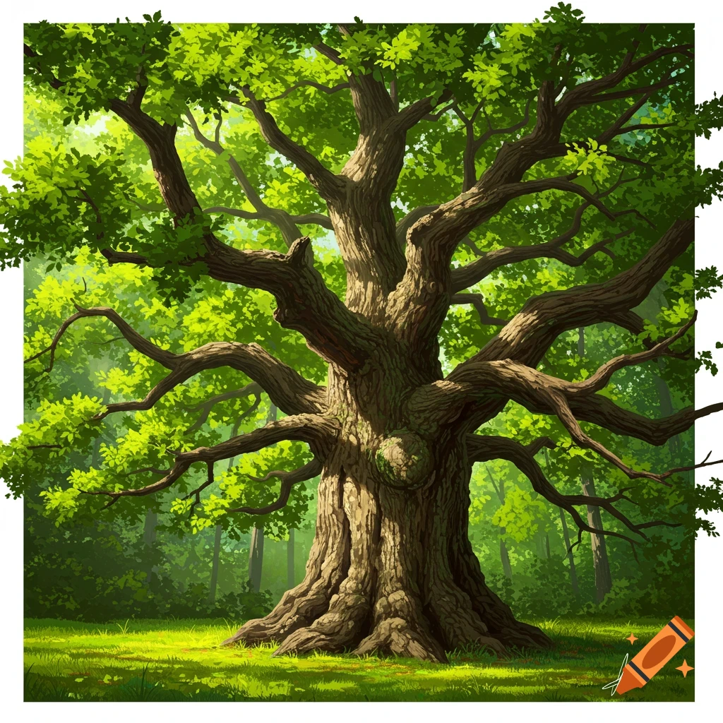 A large tree in a forest clearing with sunlit leaves.