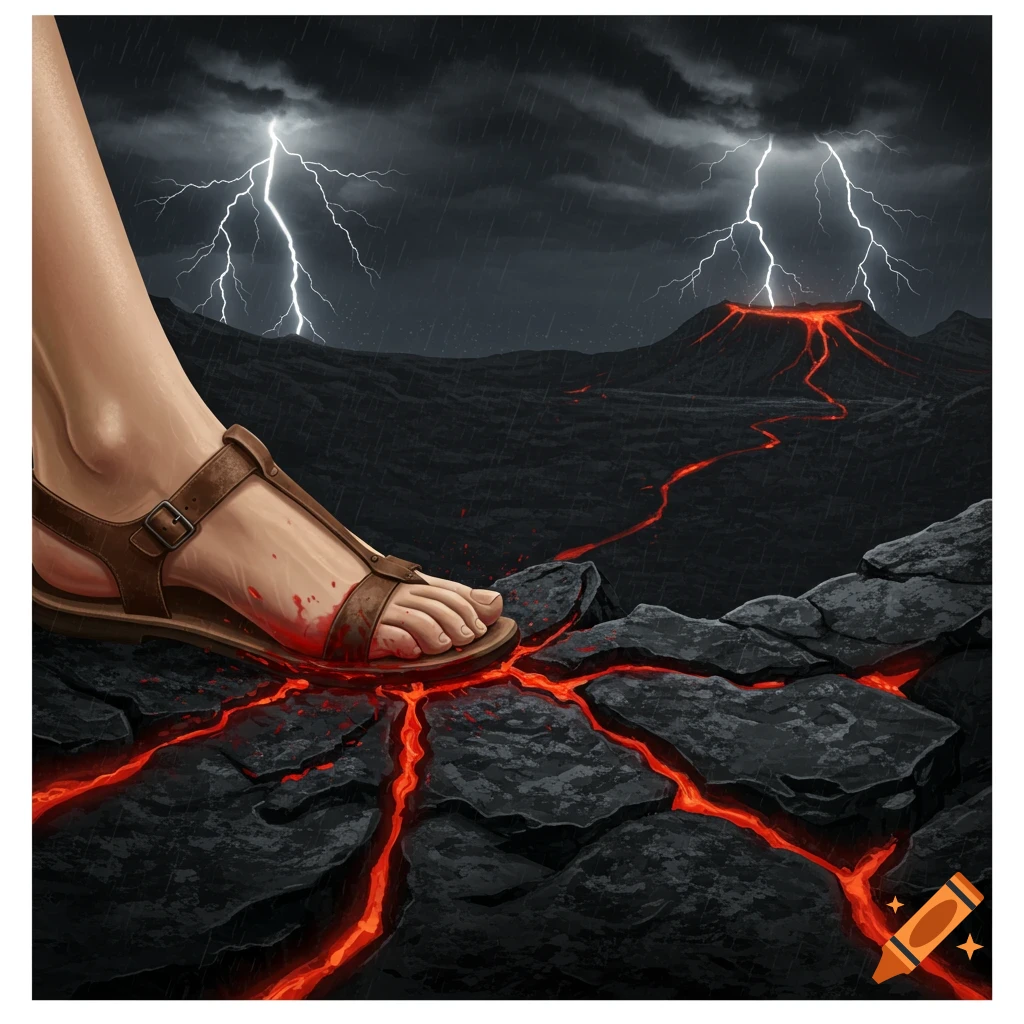 A foot in a sandal stepping on lava-filled volcanic rock under a stormy sky with lightning.