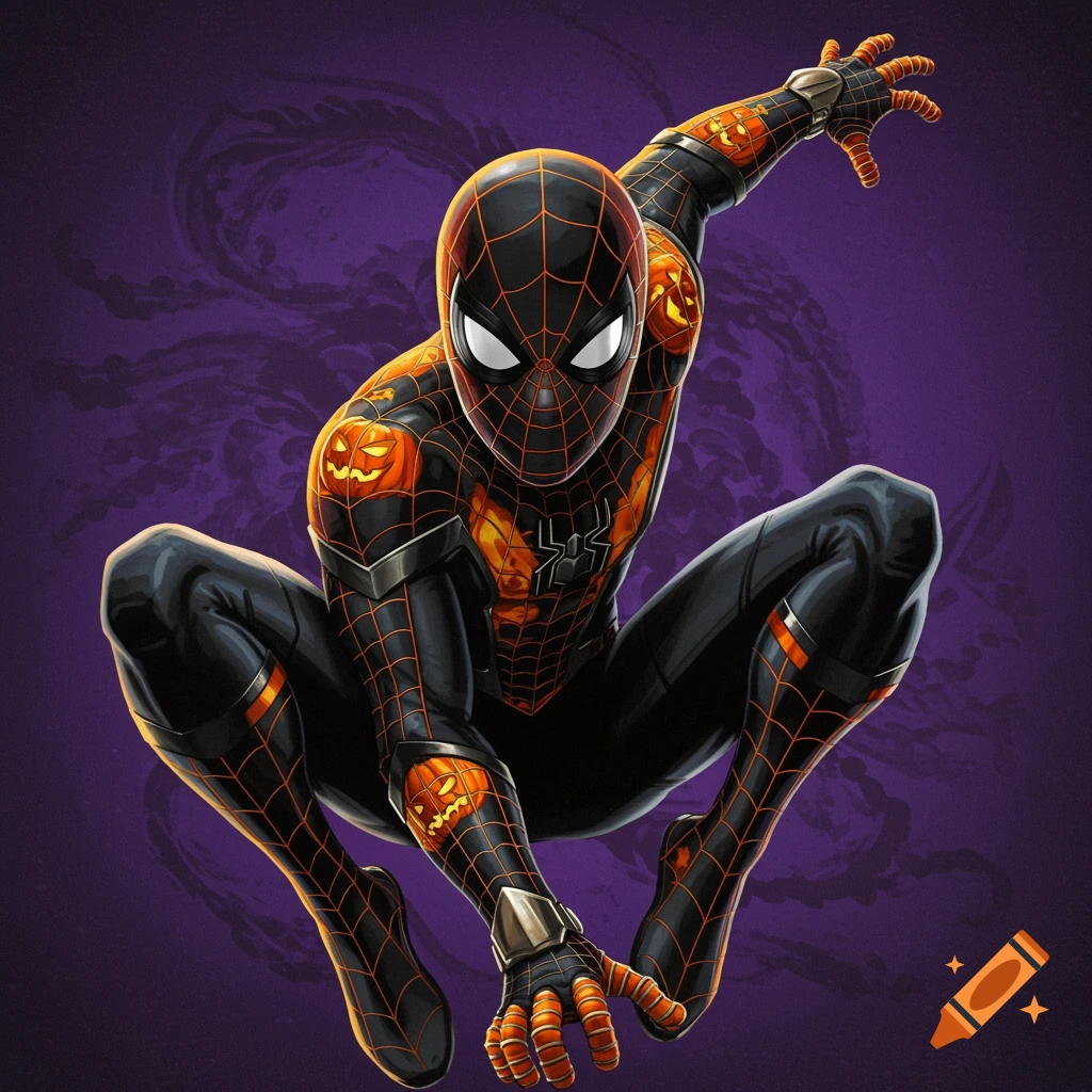 Halloween Spider-Man crouching against a purple swirling background