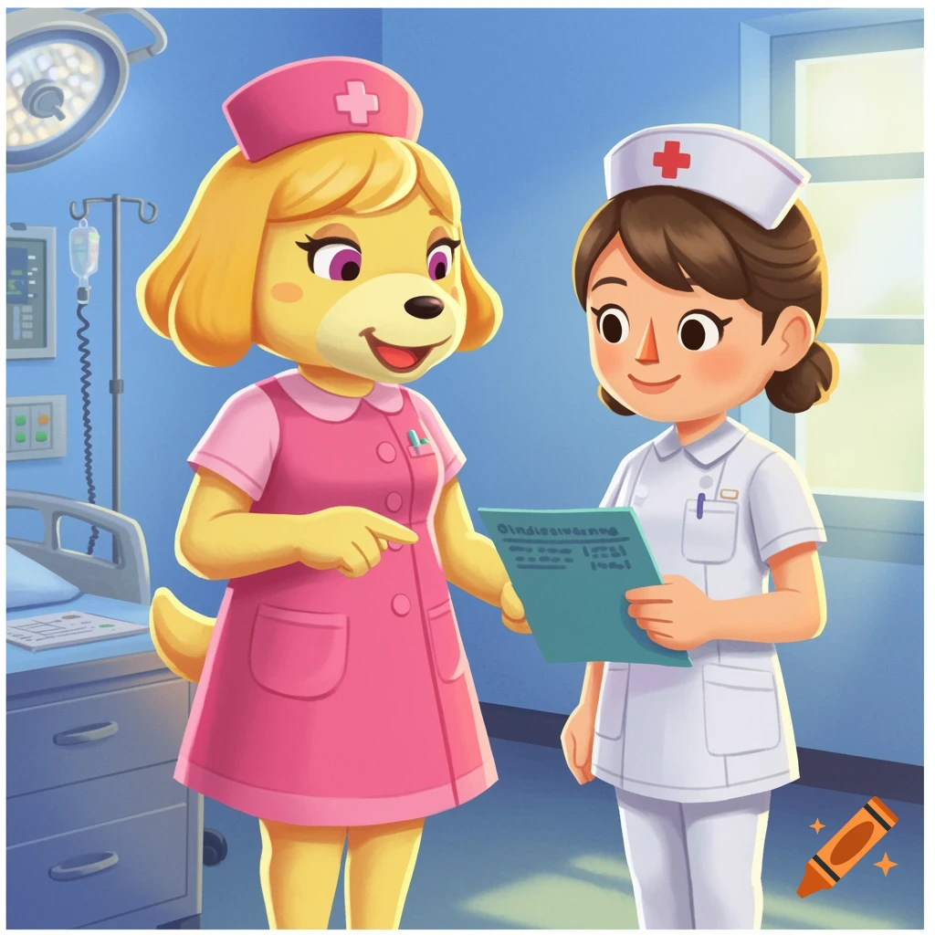 Cartoon image of Isabelle from Animal Crossing and a human nurse reviewing a chart in a hospital.