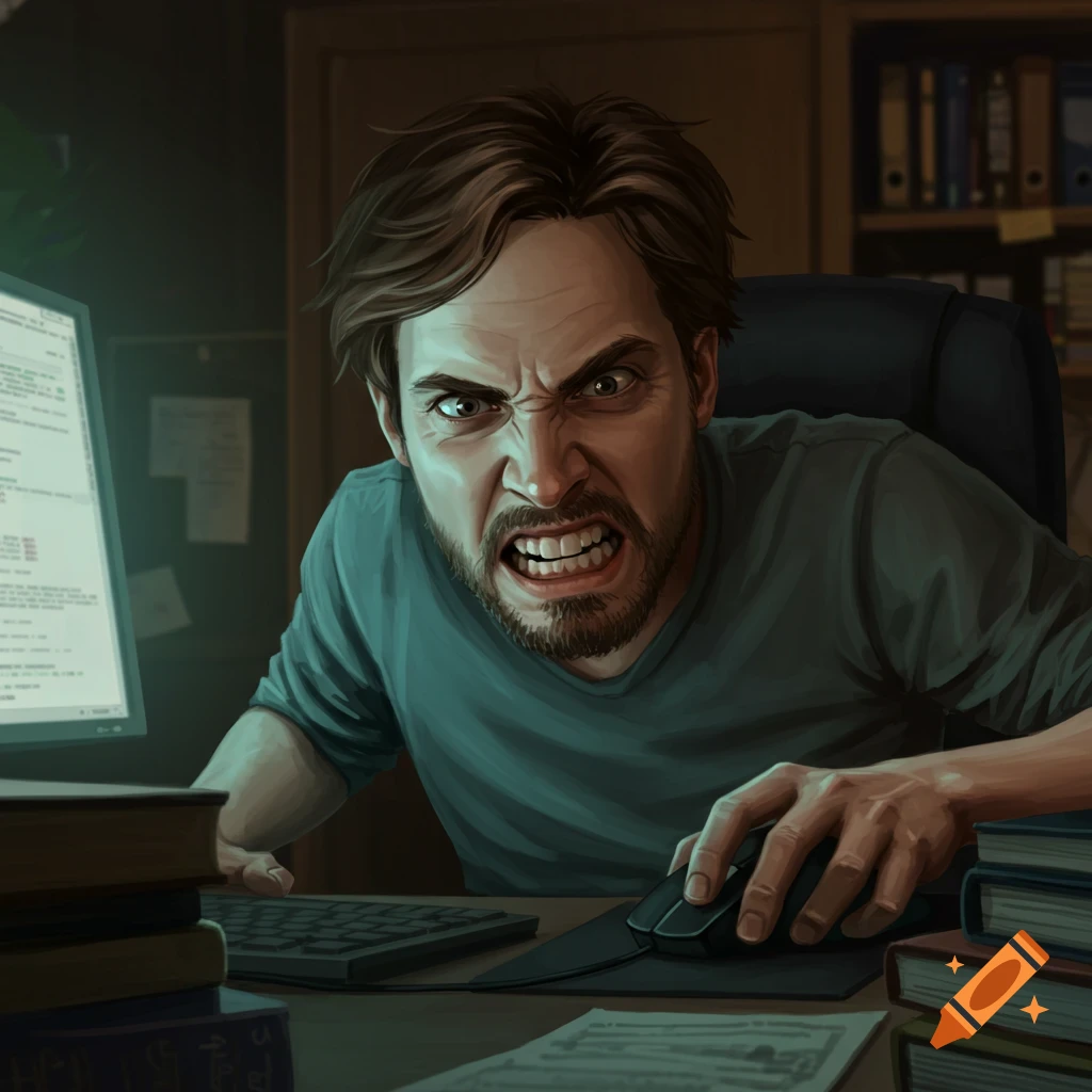 Angry man working at a computer.