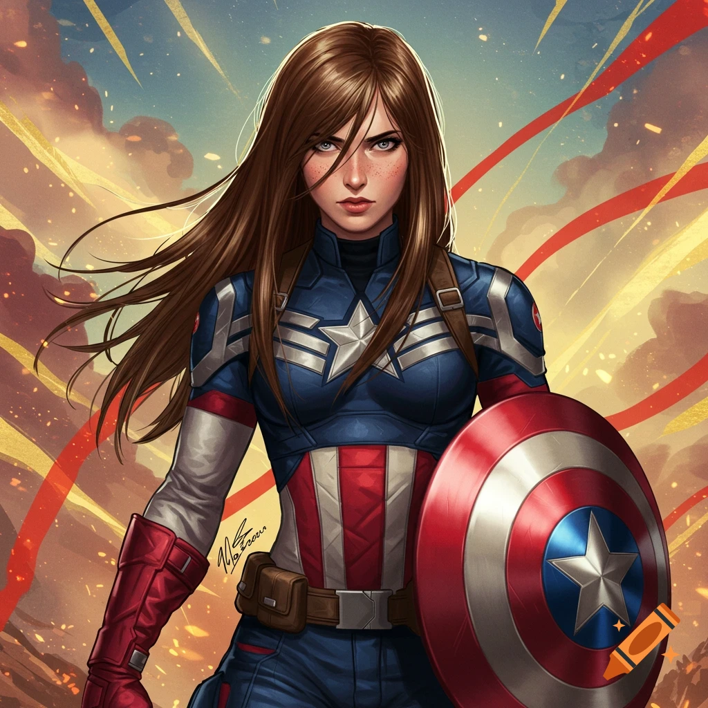 A woman is depicted as Captain America in a powerful pose holding her shield.