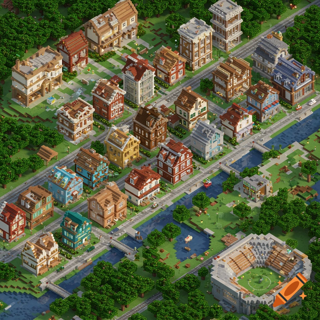 A top-down view of a blocky city plan in a Minecraft style, showing residential/commercial buildings, roads, a river, trees, and a stadium.