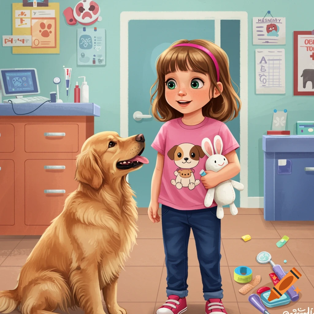 A girl holds a stuffed bunny and looks at a golden retriever in a colorful vet clinic.
