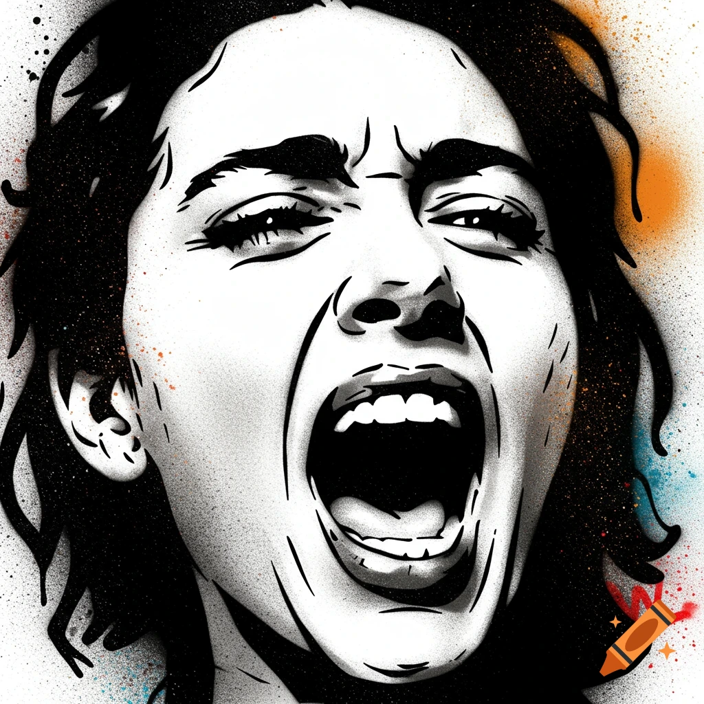 A black and white stencil portrait of a person screaming, with spray paint splatters.