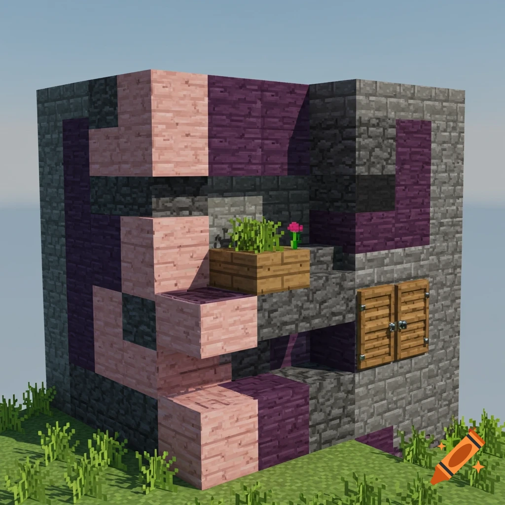 A colorful Minecraft wall built with different block types, featuring a window and a planter with flowers.