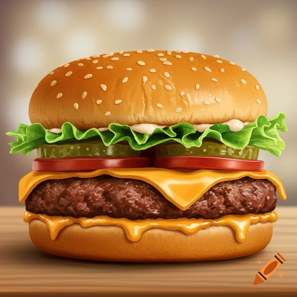 A cheeseburger with lettuce, tomato, pickles, and melted cheese on a bun