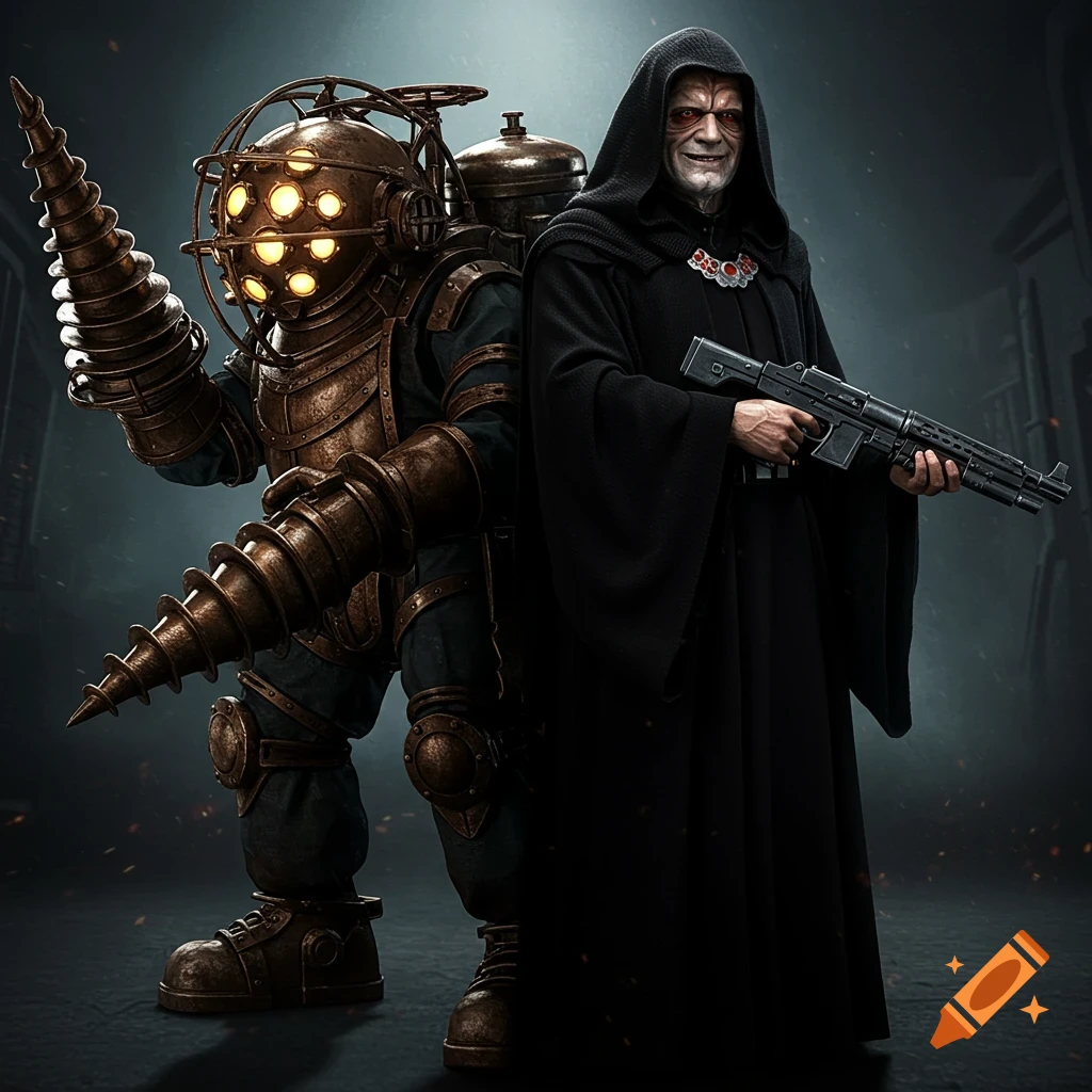 Big Daddy and Emperor Palpatine stand together with weapons in a dark setting.