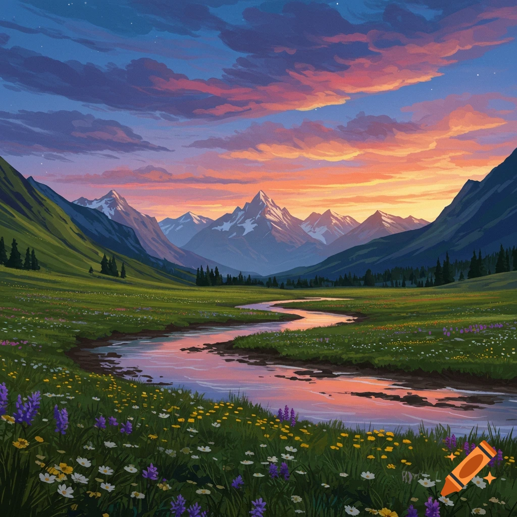 A mountain valley with a winding river and wildflowers at sunset.