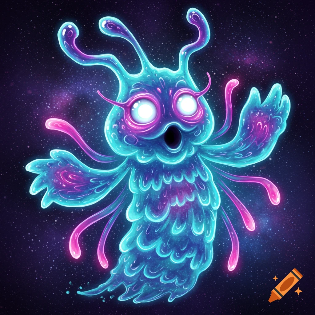Glowing, blue and purple tentacled monster in space, digital art.