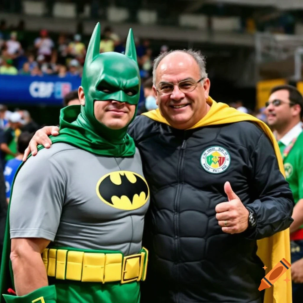Two men pose in costumes, one dressed as Batman, the other with a yellow cape, in a stadium.