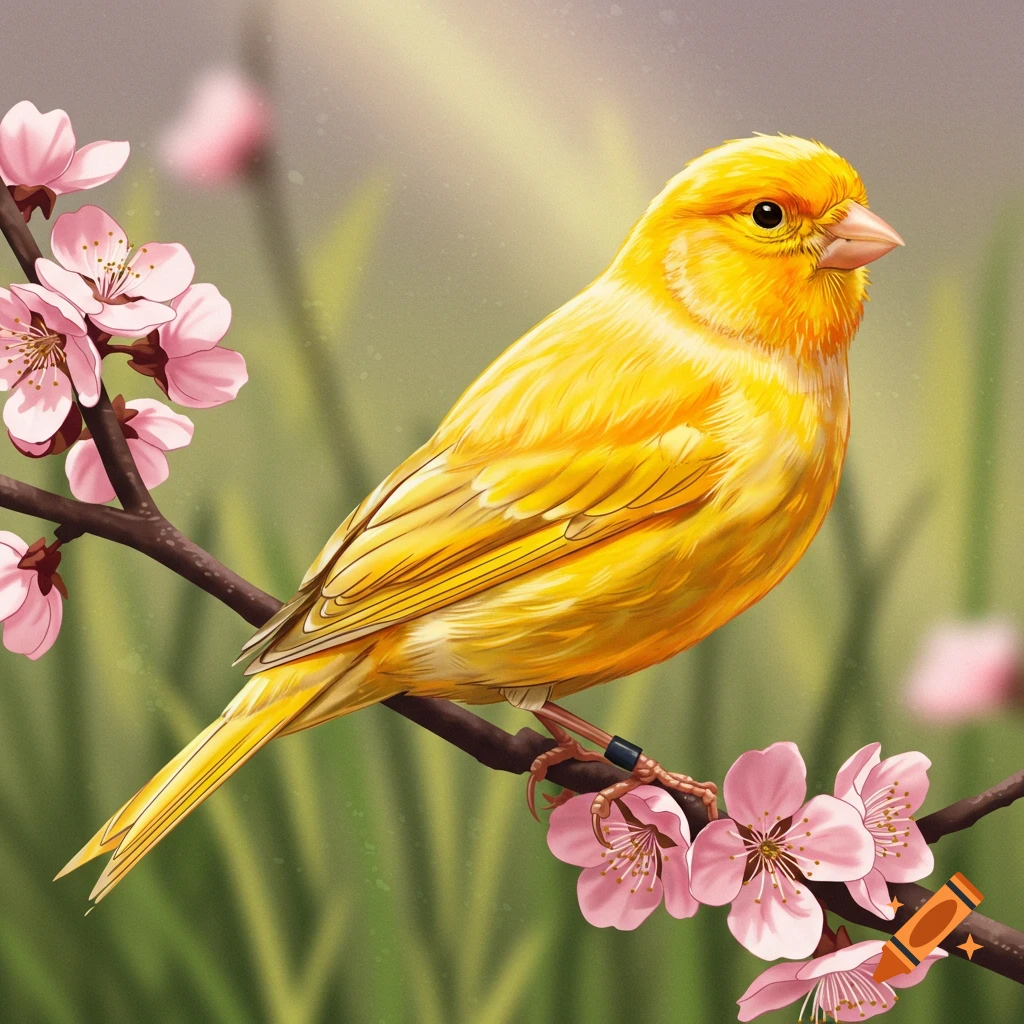 A yellow canary sits on a branch with pink flowers.
