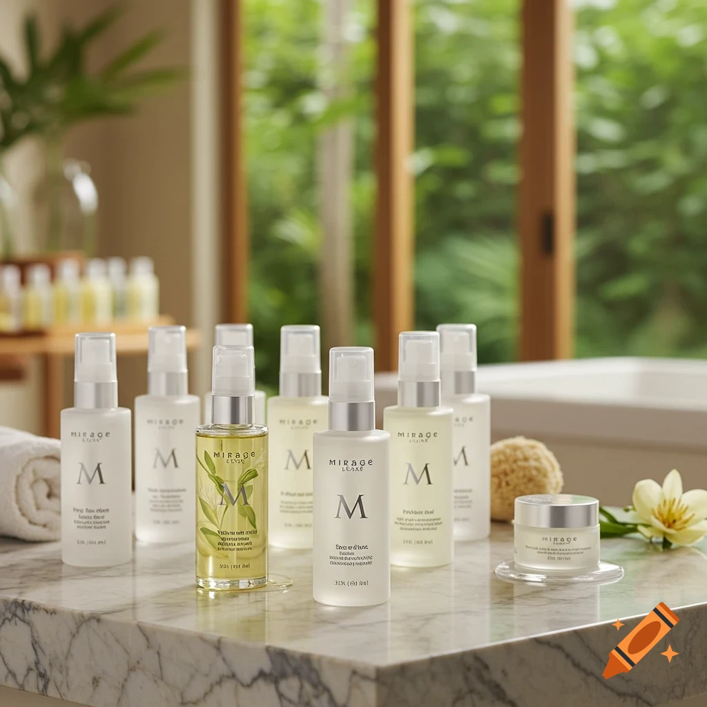 Several bottles and a jar of Mirage Luxe skincare products on a marble counter in a bright spa setting.
