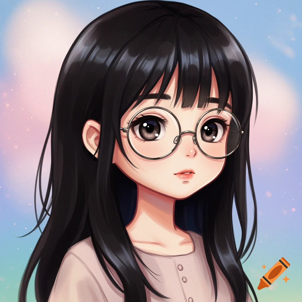 A cute anime girl with black hair and glasses against a soft background.