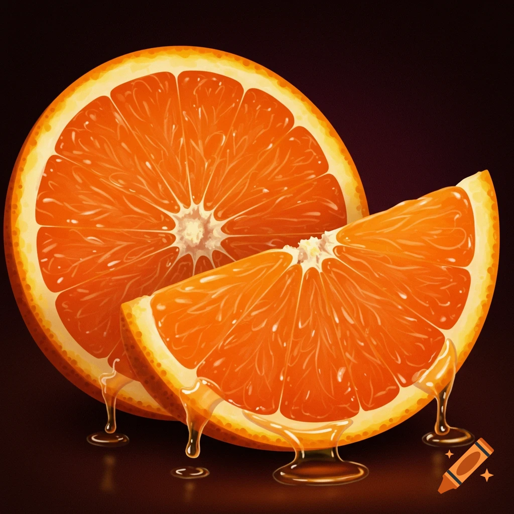 An orange slice and half dripping with liquid.