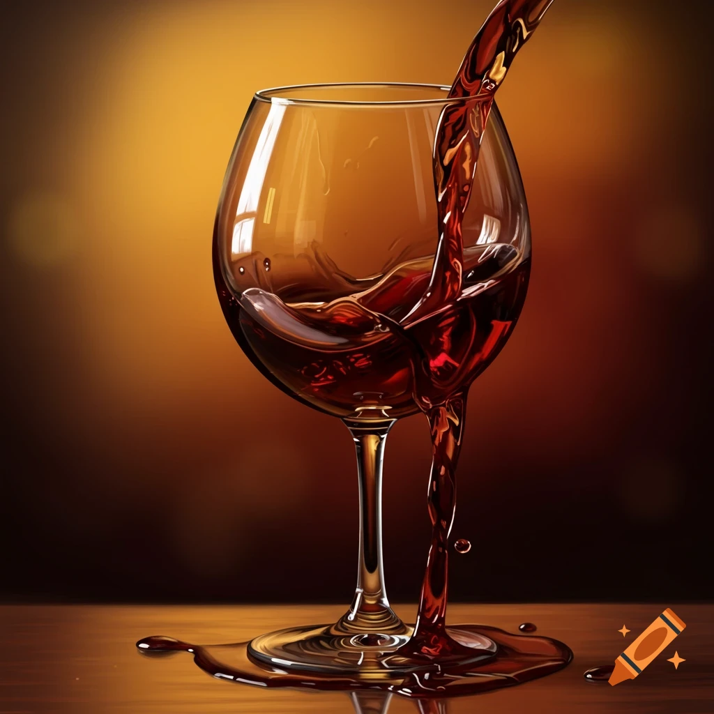 Red wine overflowing from a glass onto a wooden surface.