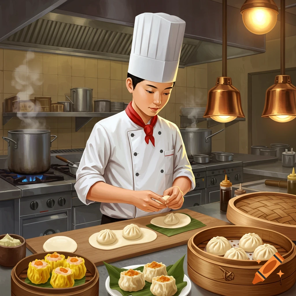 A chef making dim sum in a kitchen.