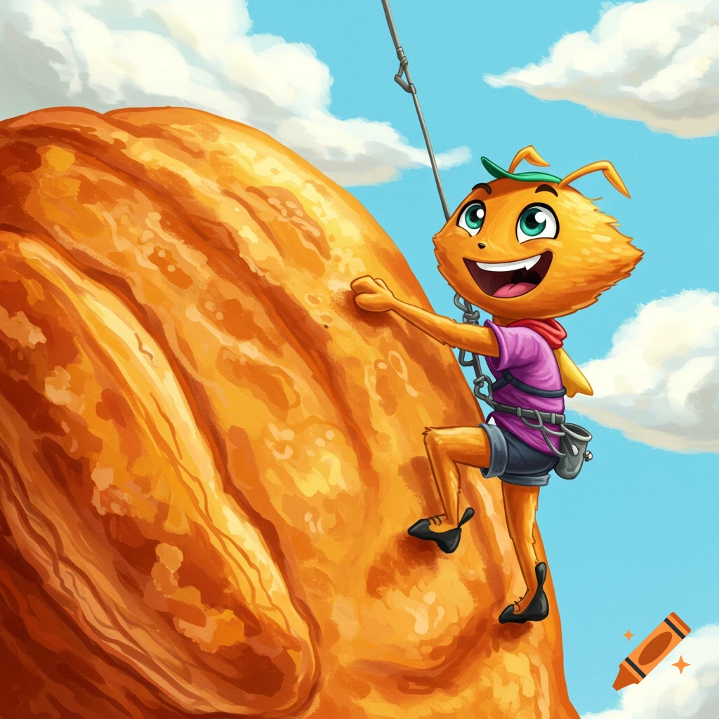 Cartoon character rock climbing on a giant chicken bake