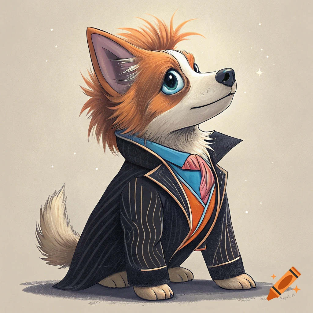 Cartoon dog in pinstripe suit looks up at sparkling lights