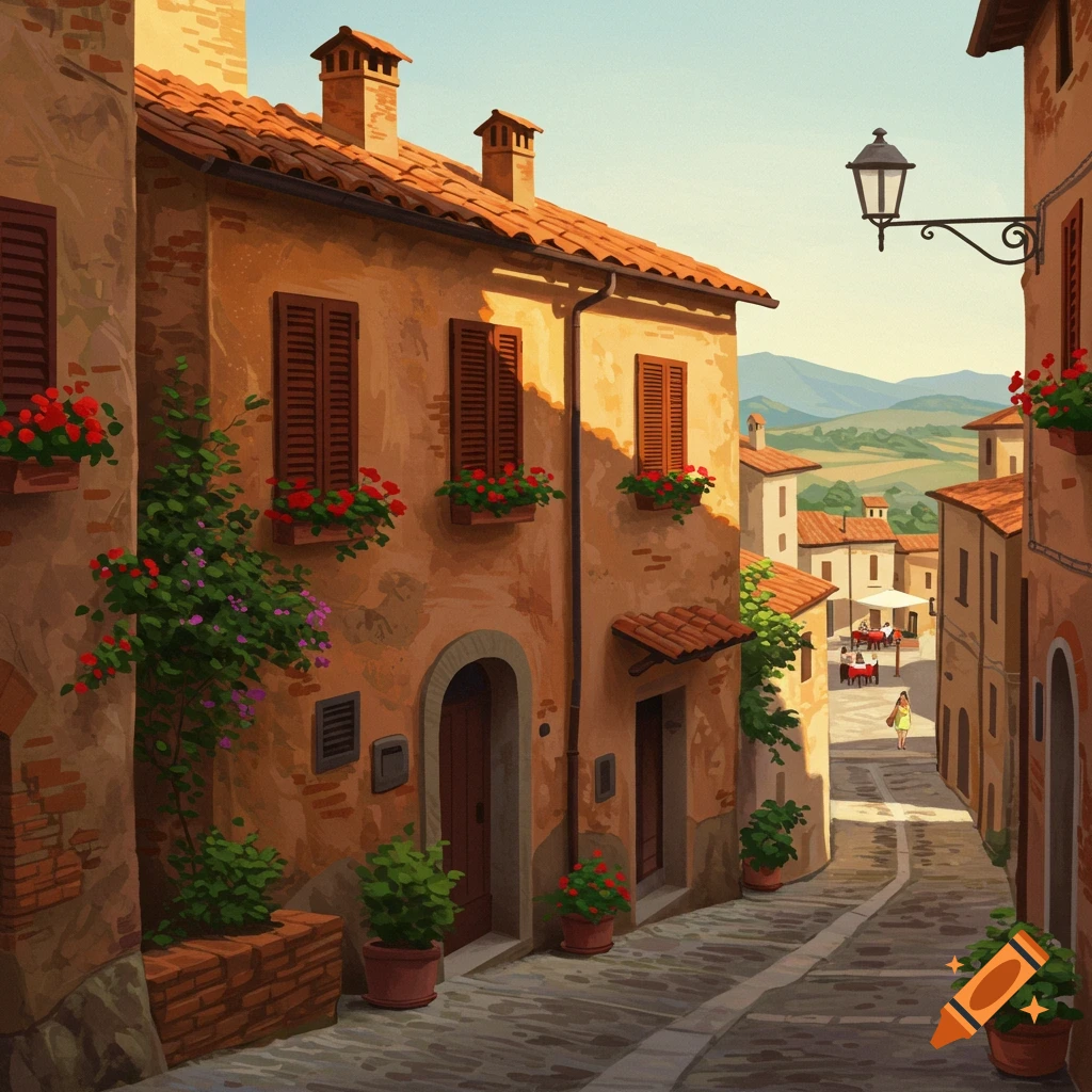 A street in a small Italian village with buildings, flowers, and a distant landscape.