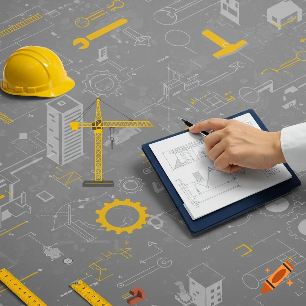 Hand writing on blueprints, hard hat, crane, and engineering symbols on a grey background.
