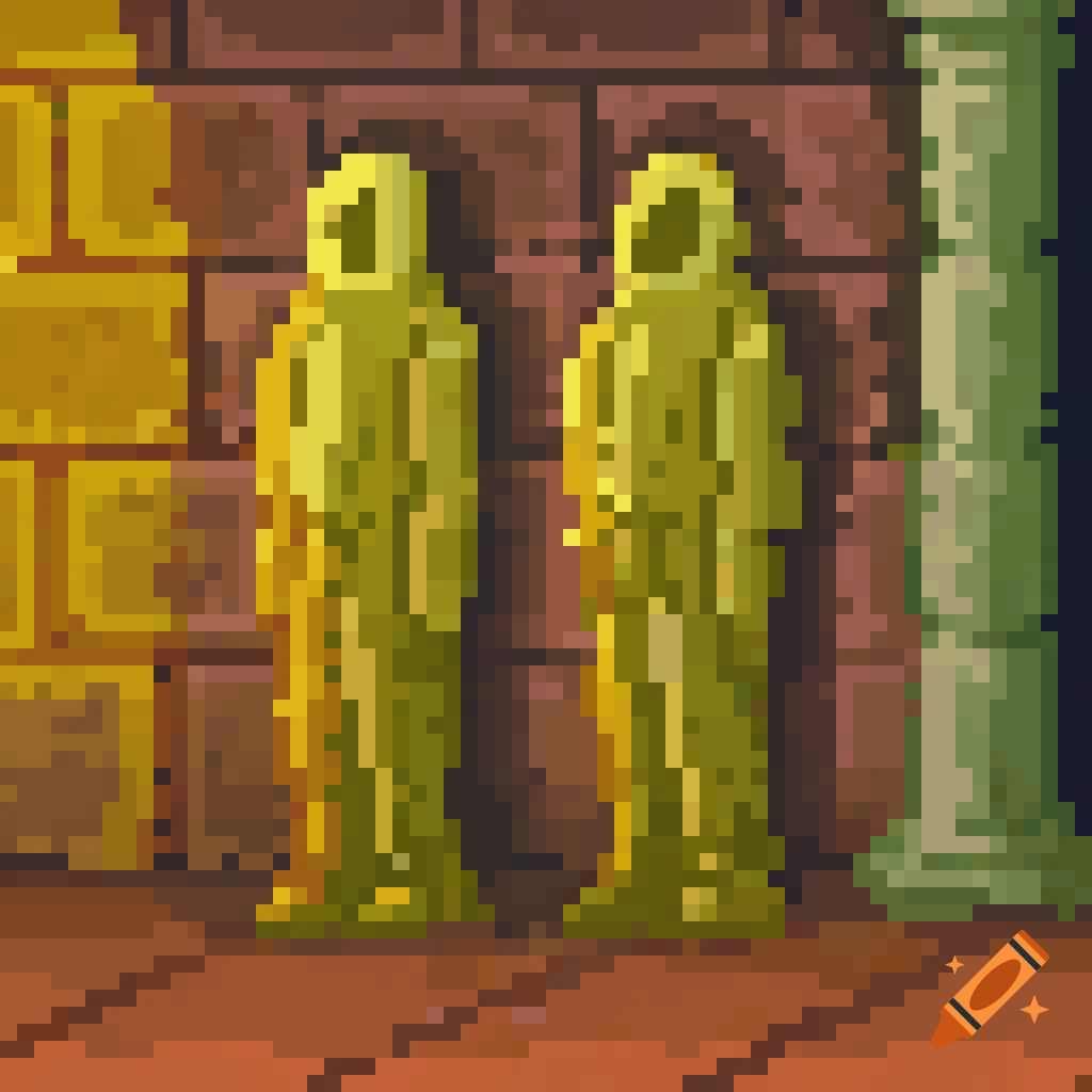 Two hooded figures standing in a pixel art dungeon setting.
