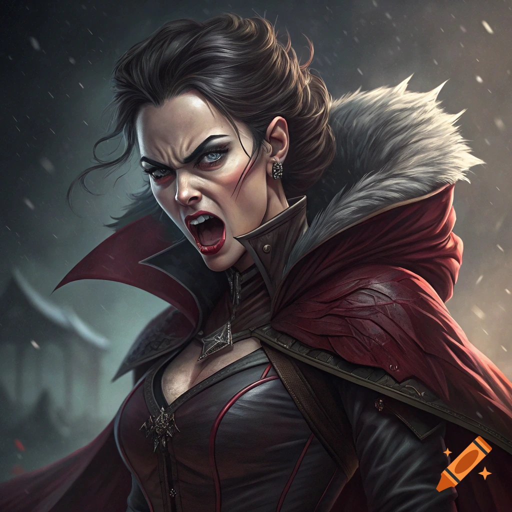 A portrait of an angry woman in a red cape with fur trim, with a dark background and snow falling.