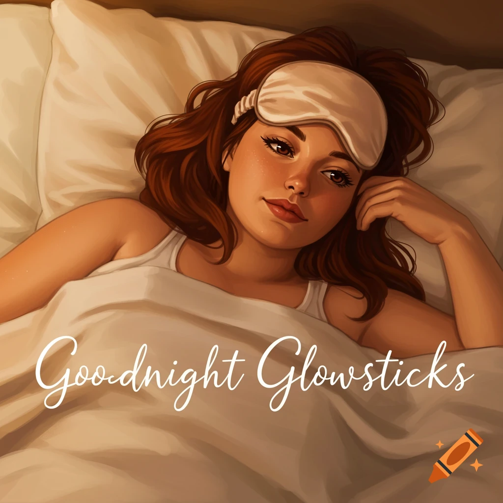 A woman in bed with a sleep mask. Text reads 'Goodnight Glowsticks'.