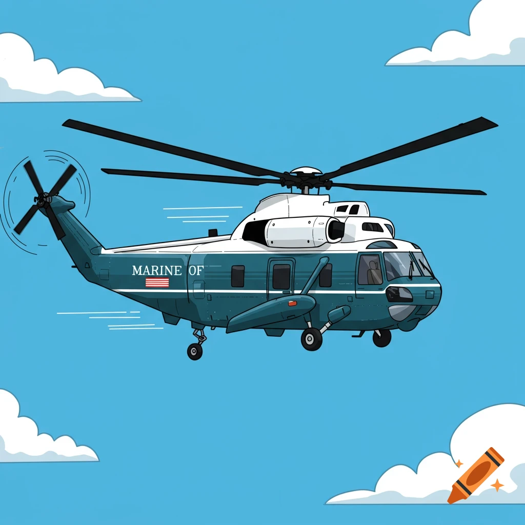 Clipart illustration of a Marine One helicopter flying in a blue sky with clouds.