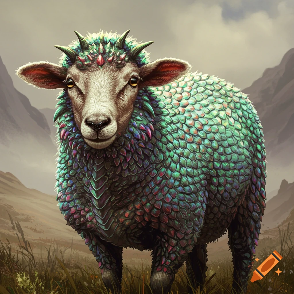 A sheep covered in green and purple scales stands in a mountain landscape.